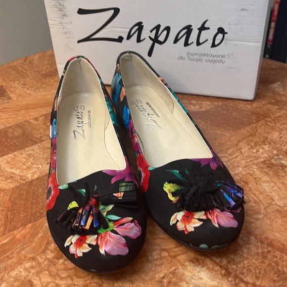 ZAPATO | Black & Blue Floral Tassel Leather Ballet Flat  Hand Made  ZL840 - Picture 1 of 16